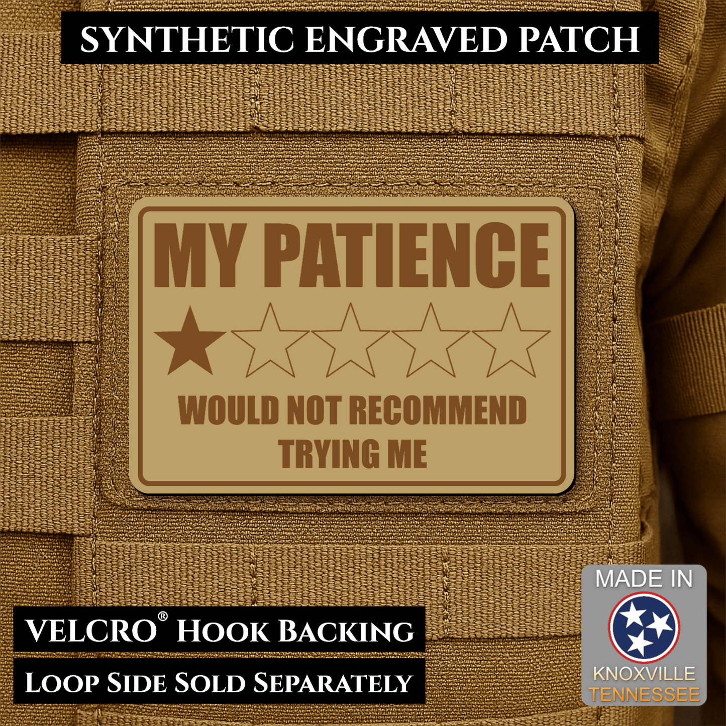 My Patience Is Thin Morale Patch 2"x3" Hook & Loop | Made in USA - LoneStar Adhesive