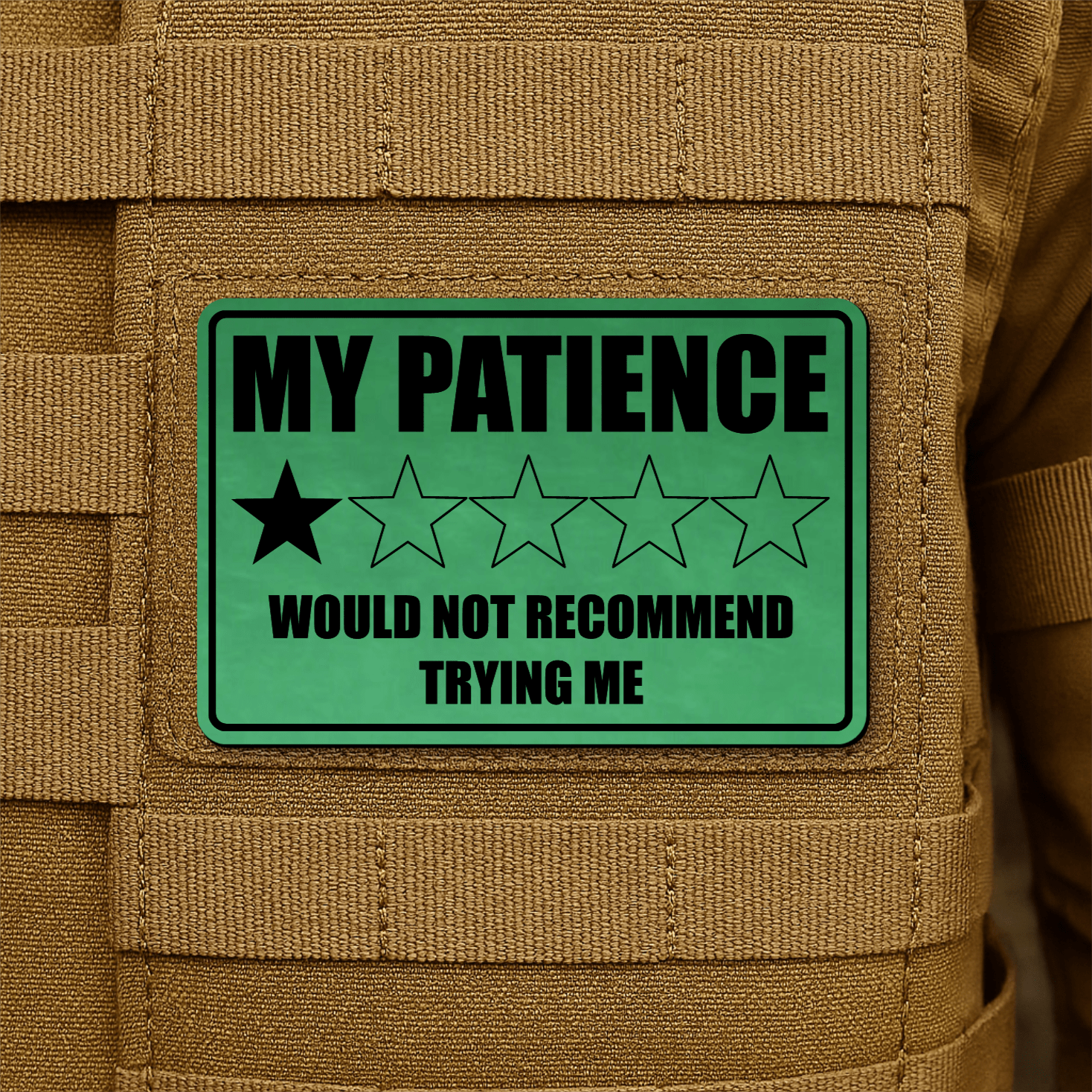 My Patience Is Thin Morale Patch 2"x3" Hook & Loop | Made in USA - LoneStar Adhesive