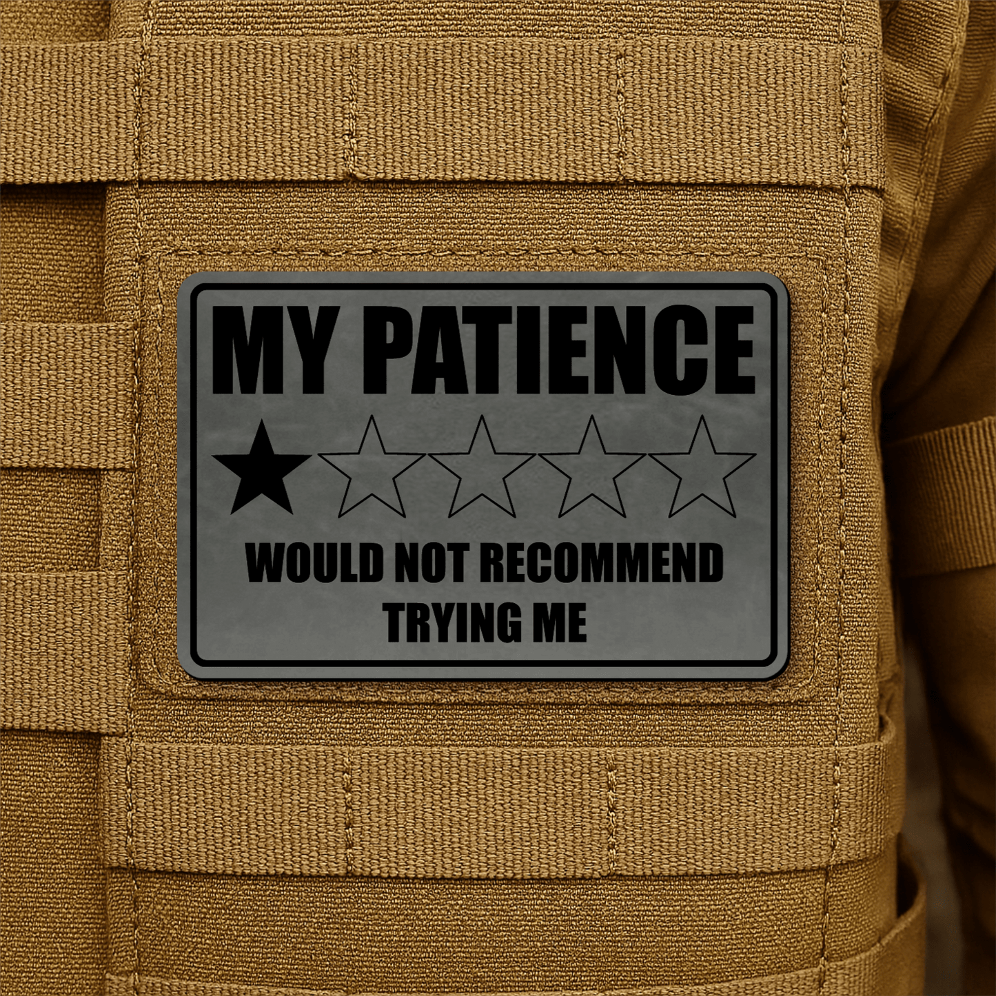 My Patience Is Thin Morale Patch 2"x3" Hook & Loop | Made in USA - LoneStar Adhesive