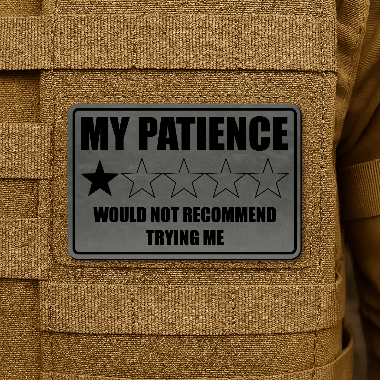 My Patience Is Thin Morale Patch 2"x3" Hook & Loop | Made in USA - LoneStar Adhesive