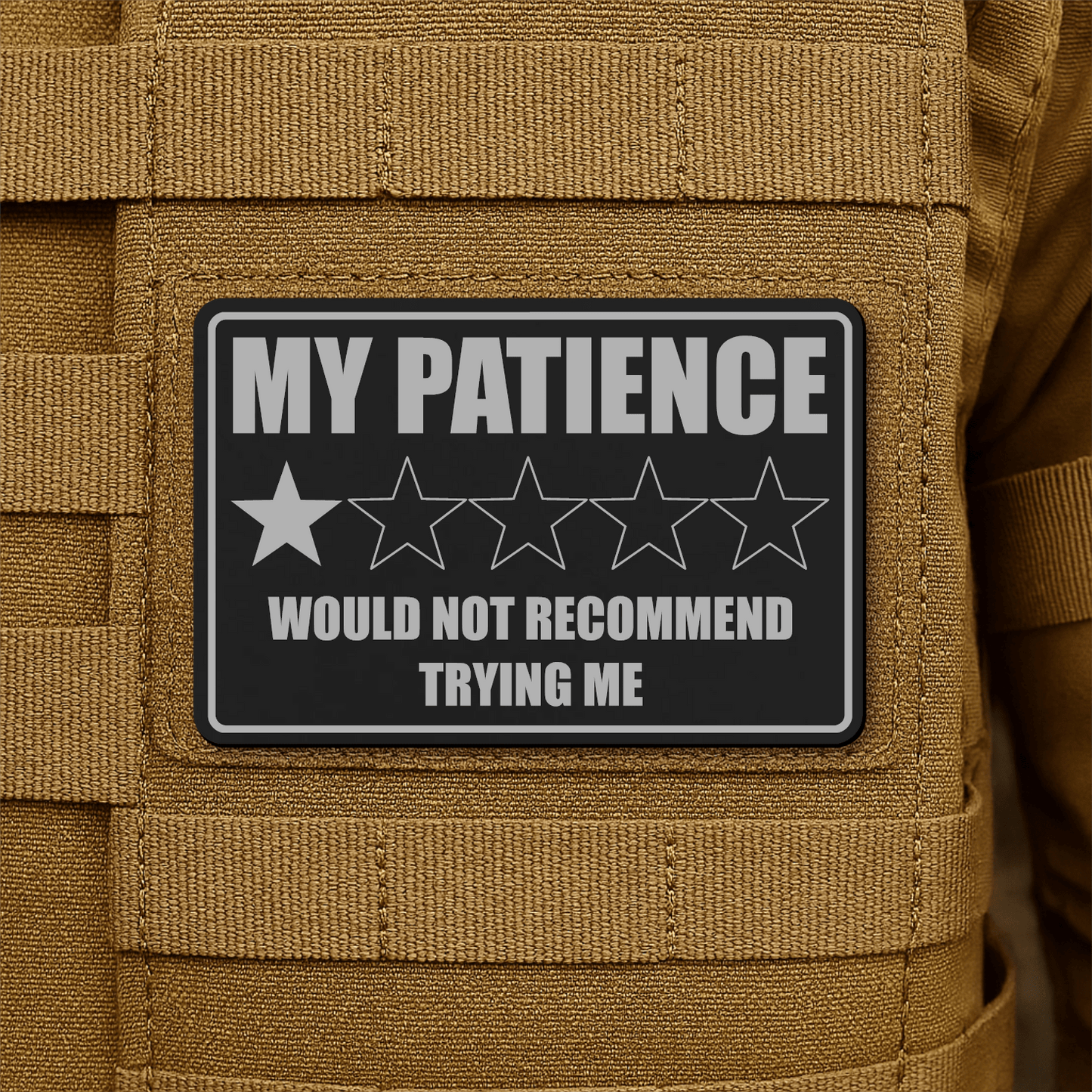 My Patience Is Thin Morale Patch 2"x3" Hook & Loop | Made in USA - LoneStar Adhesive