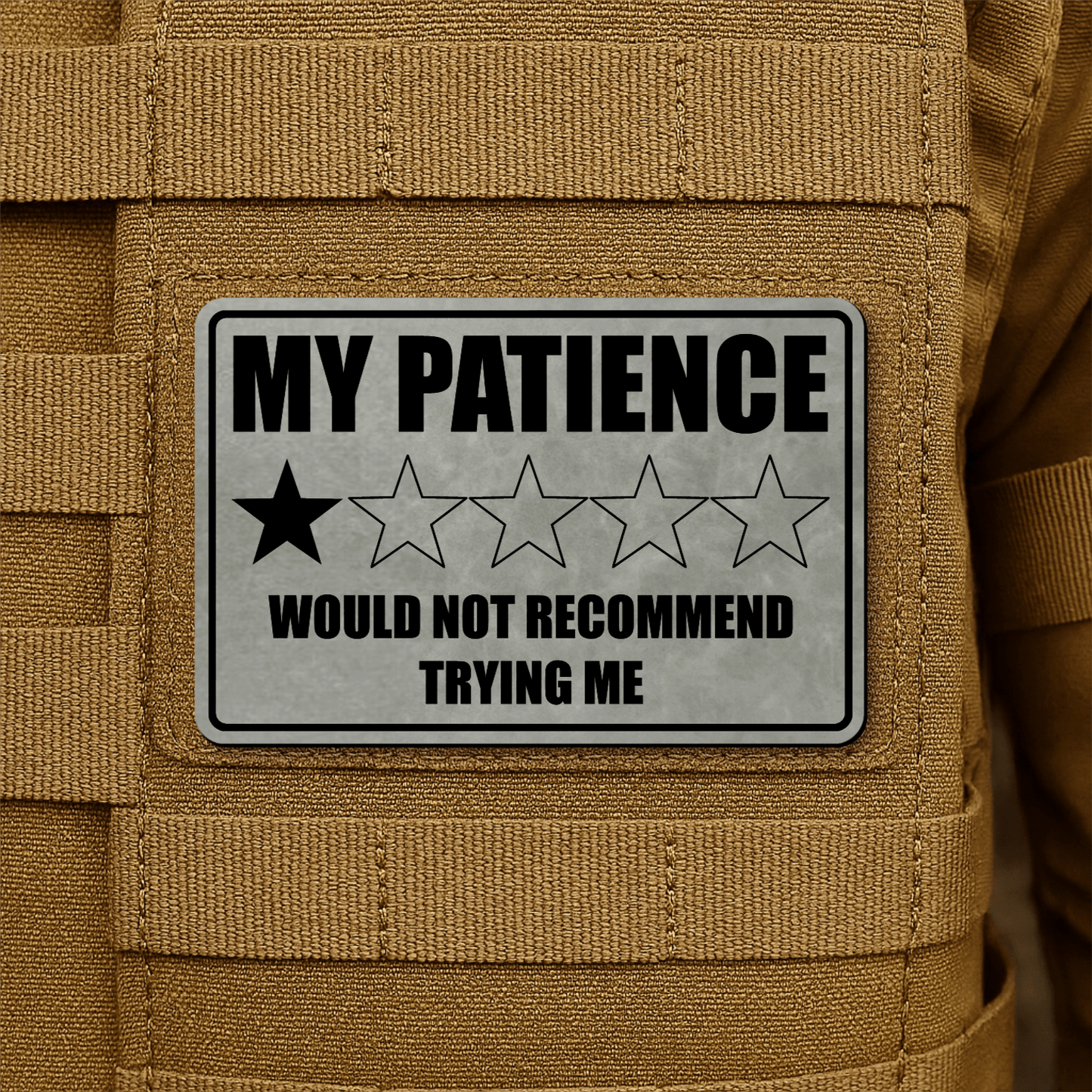 My Patience Is Thin Morale Patch 2"x3" Hook & Loop | Made in USA - LoneStar Adhesive