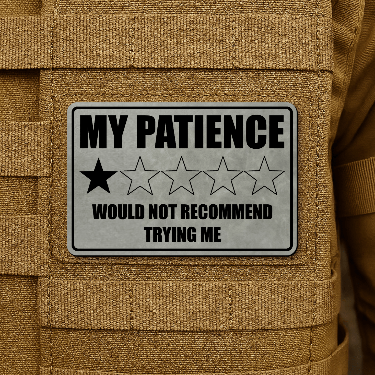 My Patience Is Thin Morale Patch 2"x3" Hook & Loop | Made in USA - LoneStar Adhesive