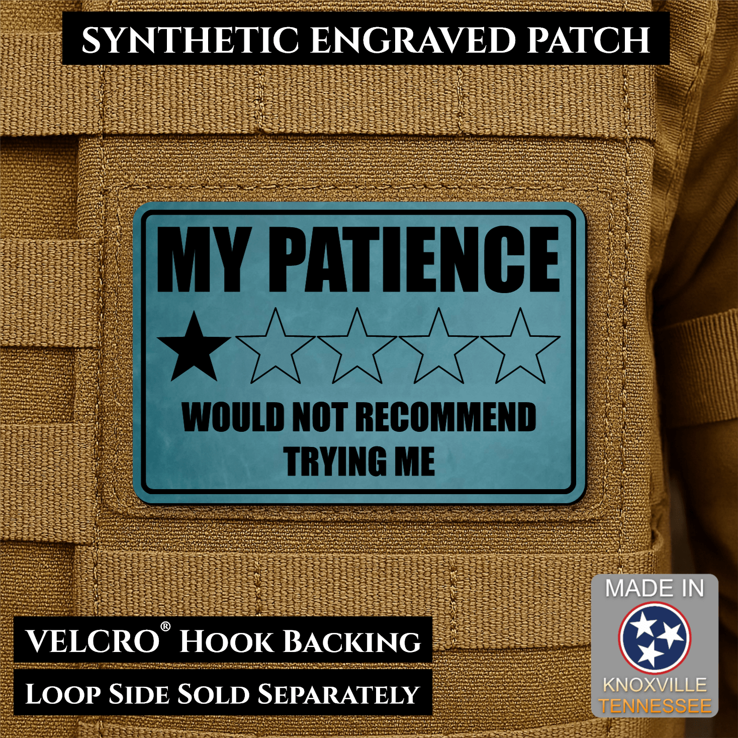 My Patience Is Thin Morale Patch 2"x3" Hook & Loop | Made in USA - LoneStar Adhesive