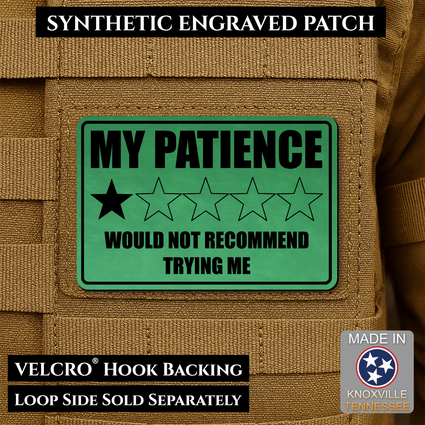 My Patience Is Thin Morale Patch 2"x3" Hook & Loop | Made in USA - LoneStar Adhesive
