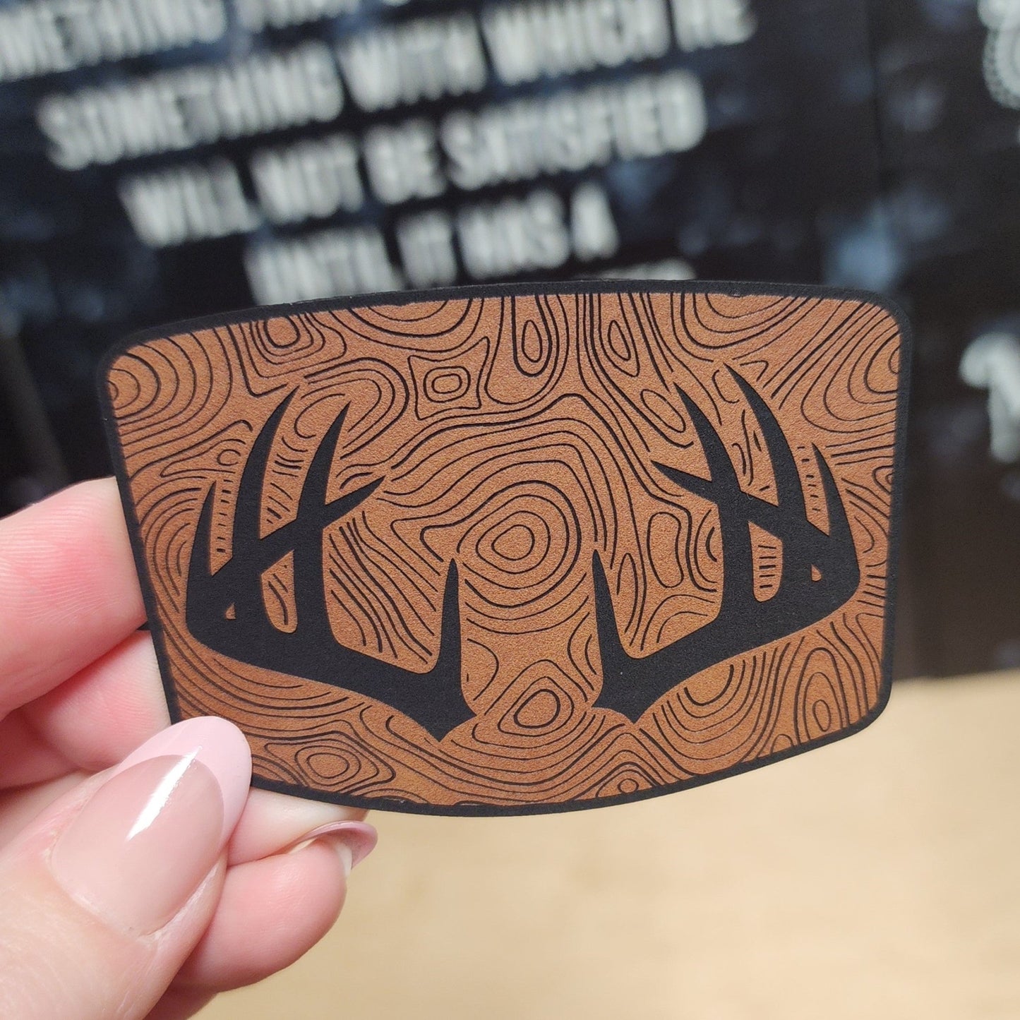 Nature's Terrain with Antlers Engraved Leatherette Hat Patch - MR01 - LoneStar Adhesive