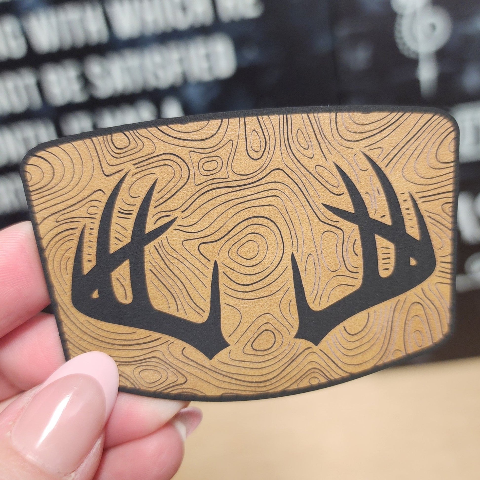 Nature's Terrain with Antlers Engraved Leatherette Hat Patch - MR01 - LoneStar Adhesive