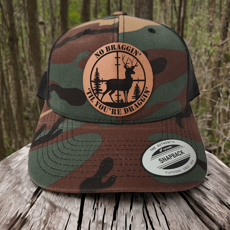 No Braggin' Til You're Draggin Leather Patch Trucker Hat for Hunting Lovers - #LoneStar Adhesive#