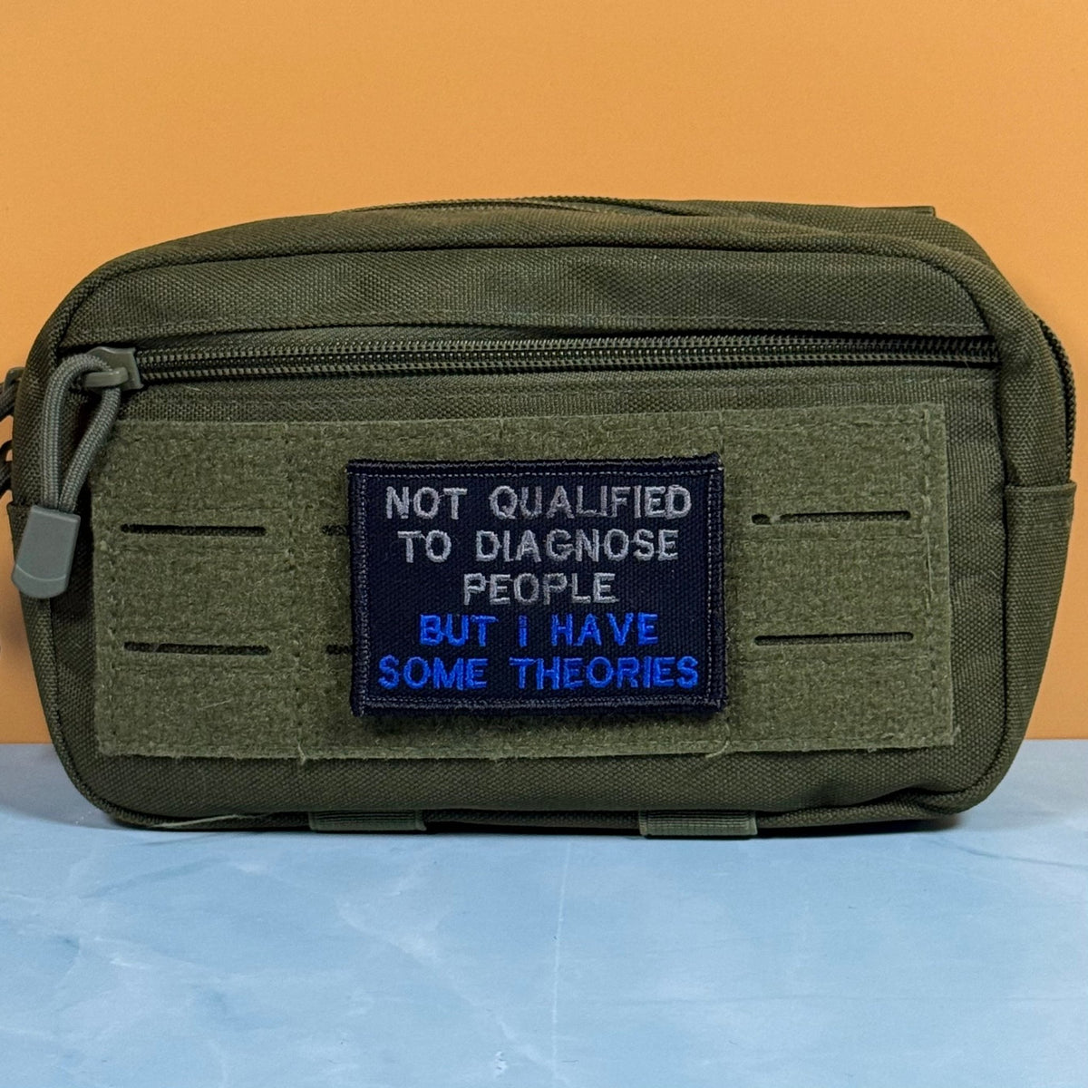 Not Qualified to Diagnose People, But I Have Theories Funny Morale Patch, 2x3" | Made in USA | VELCRO® Brand Hook Backing - LoneStar Adhesive