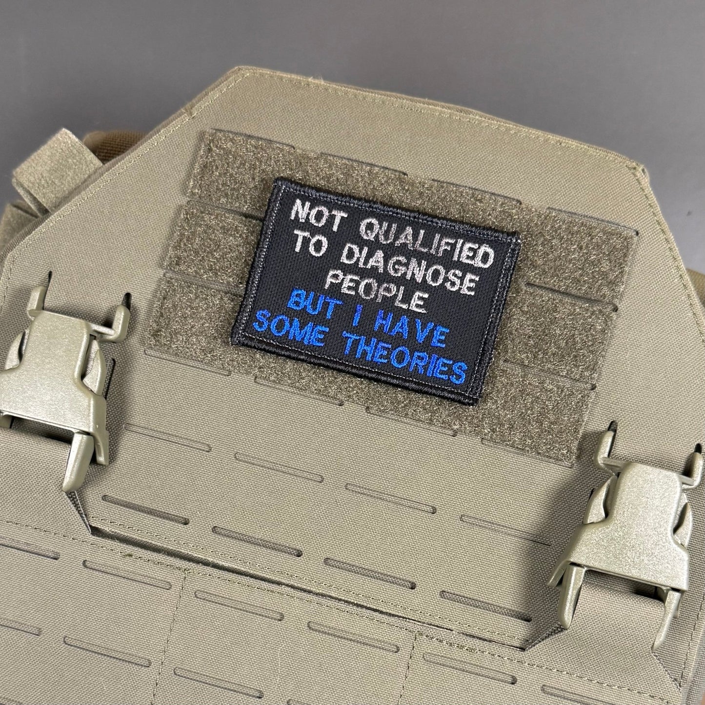 Not Qualified to Diagnose People, But I Have Theories Funny Morale Patch, 2x3" | Made in USA | VELCRO® Brand Hook Backing - LoneStar Adhesive