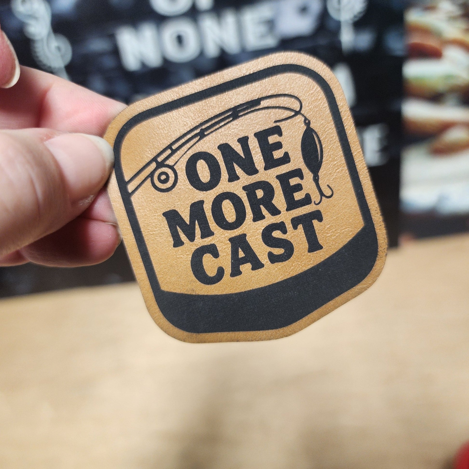 One More Cast Fishing (Saddle Tan) Engraved Leatherette Hat Patch - MR01 - LoneStar Adhesive