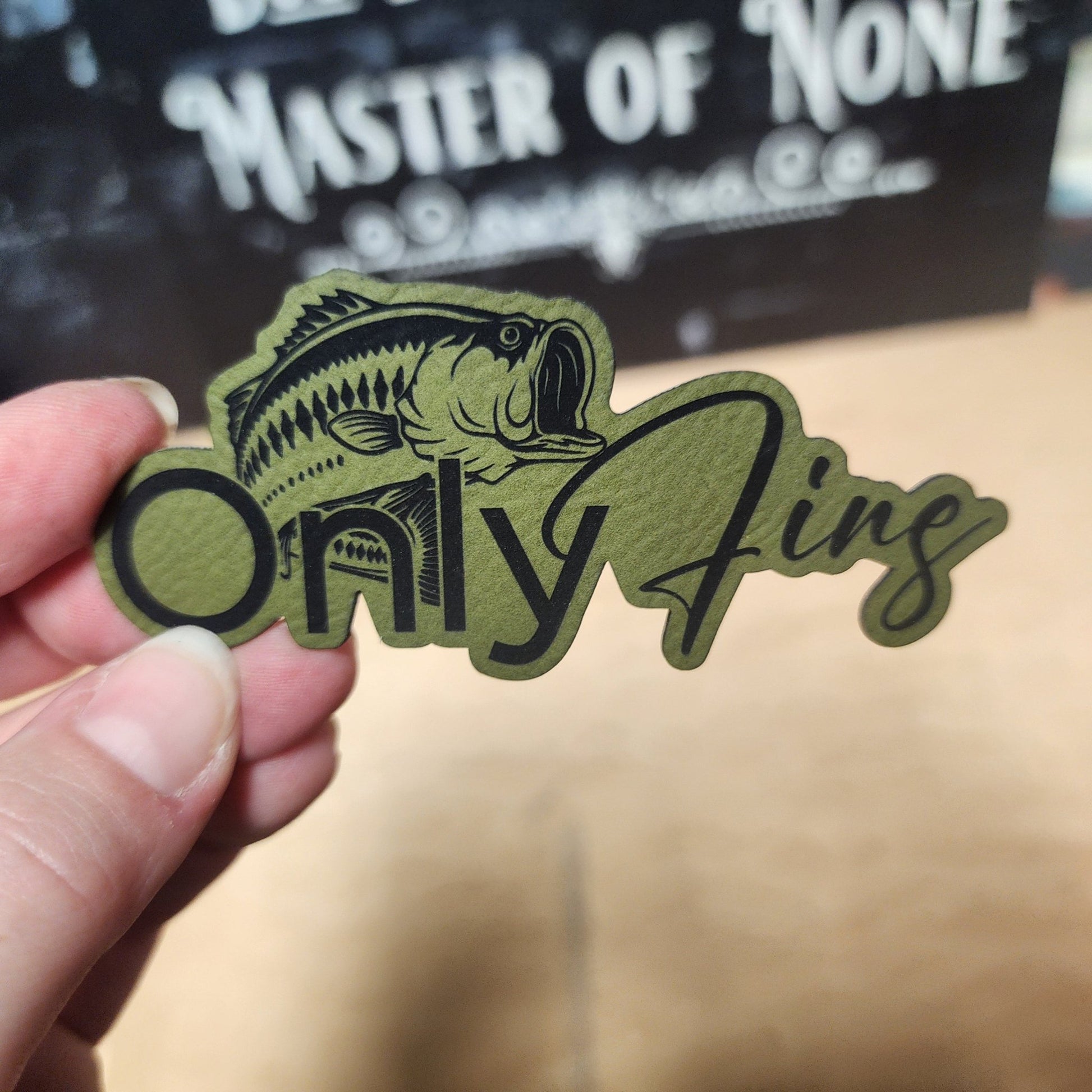 Only Fins Fishing (Olive Green) Engraved Leatherette Hat Patch - MR01 - LoneStar Adhesive