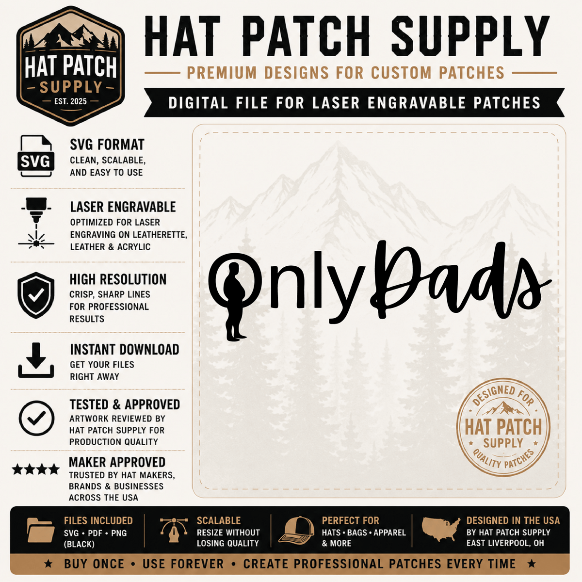 OnlyDads Funny Hat Patch SVG | Laser Engraving File for Leather Hat Patches - LoneStar Adhesive