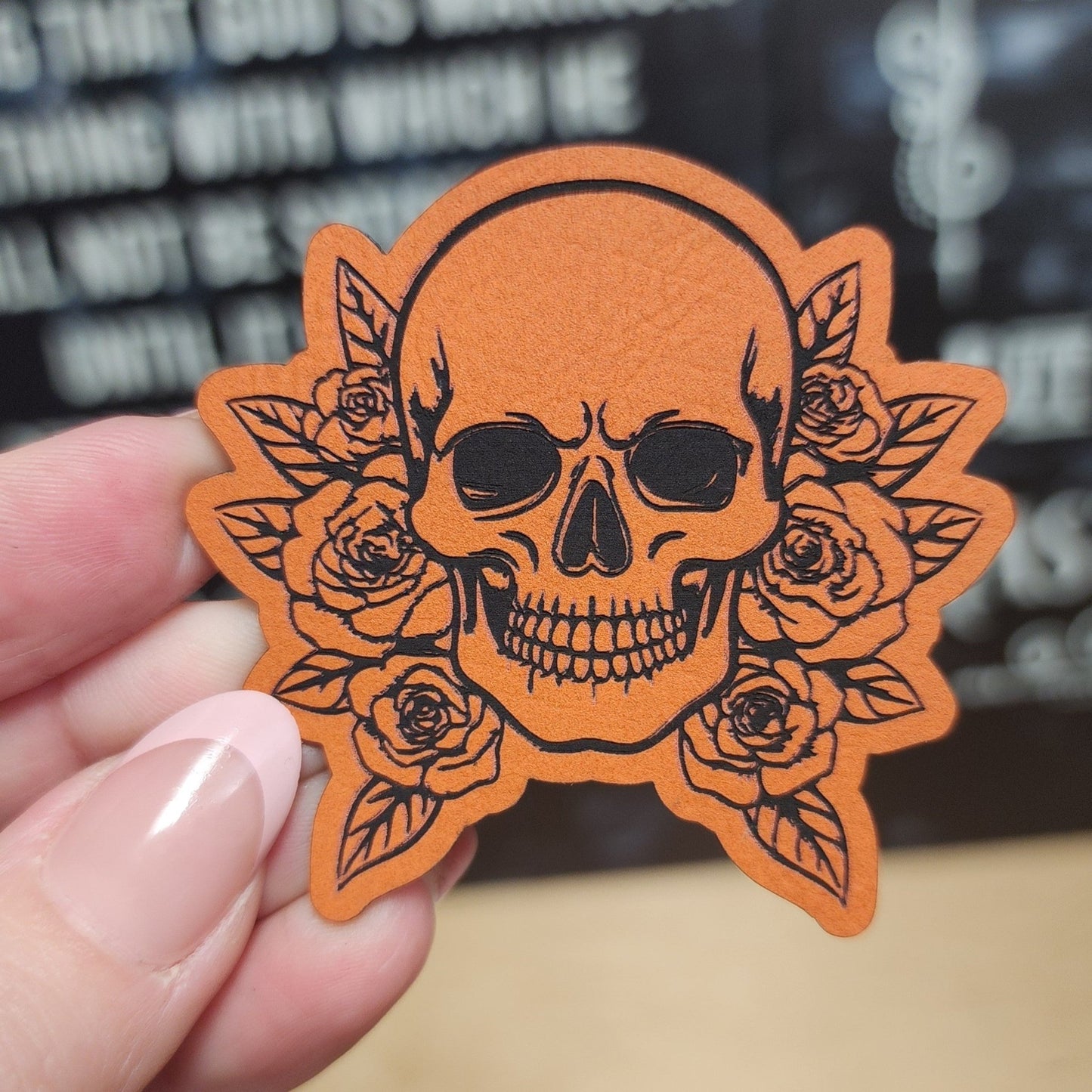 Orange Skull Surrounded by Roses Engraved Leatherette Hat Patch - MR01 - LoneStar Adhesive
