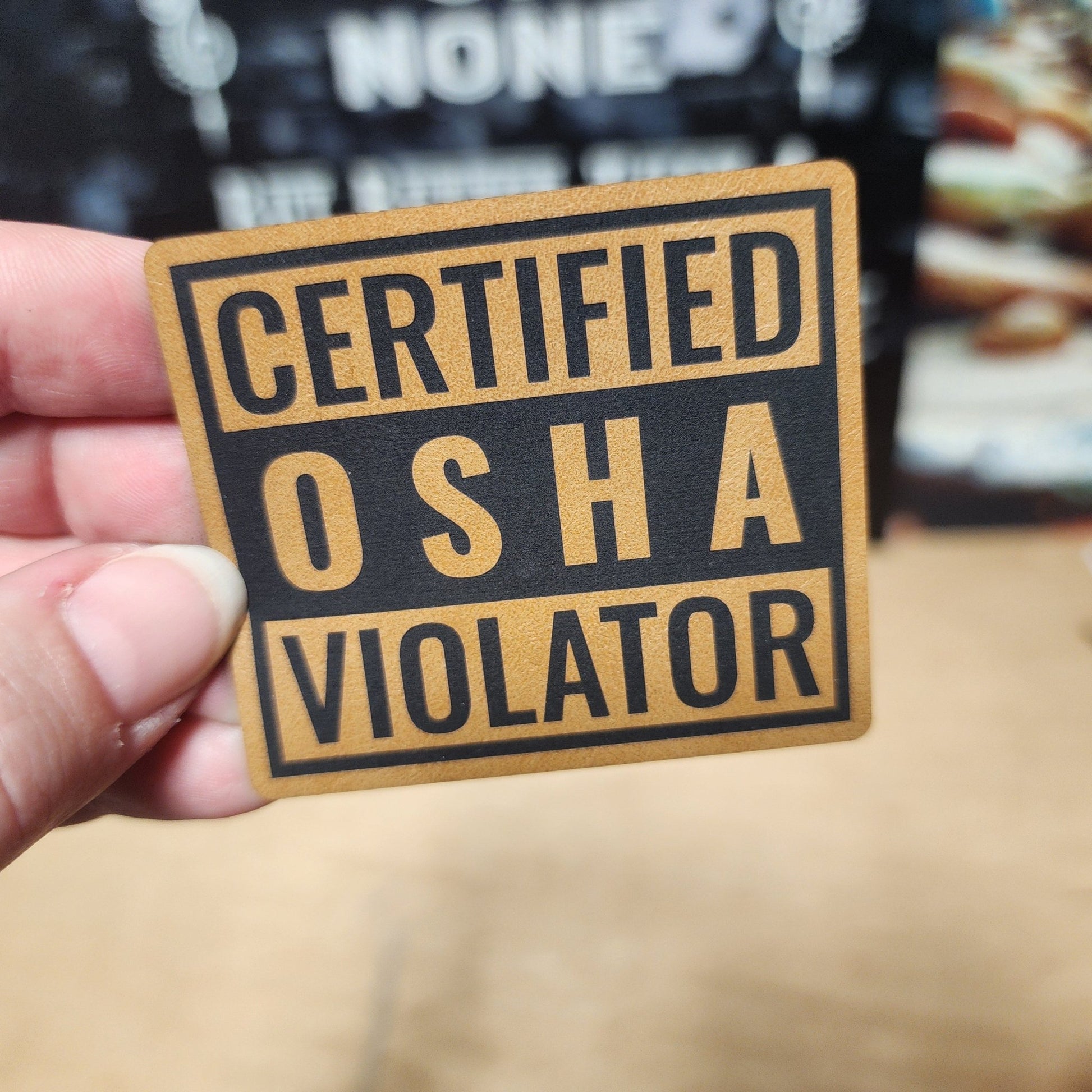 OSHA Violation Badge (Saddle Tan) Engraved Leatherette Hat Patch - MR01 - LoneStar Adhesive