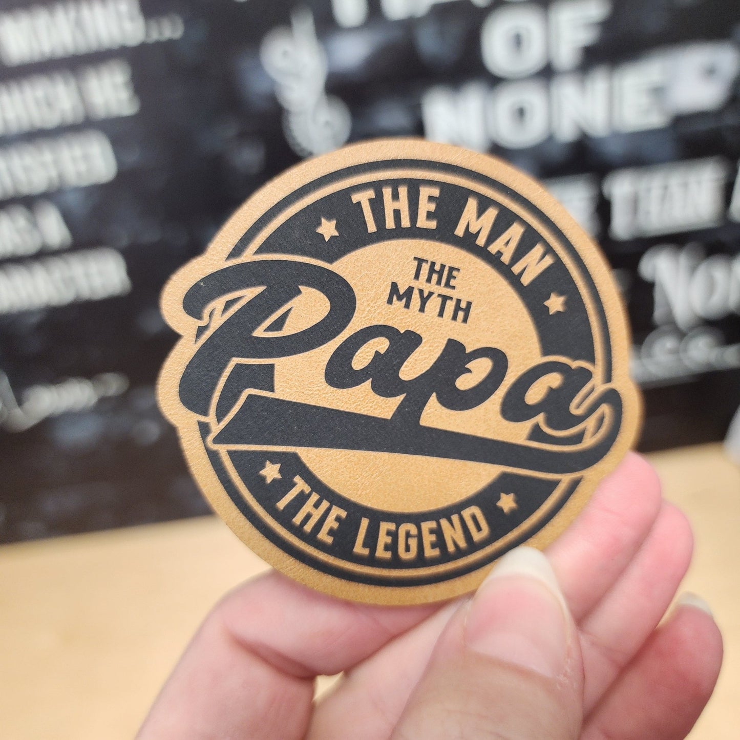 Papa: The Man, The Myth (Saddle Tan) Engraved Leatherette Hat Patch - MR01 - LoneStar Adhesive