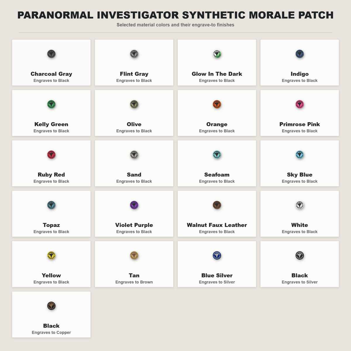 Paranormal Investigator patch color chart showing named color swatches and glow-in-the-dark green