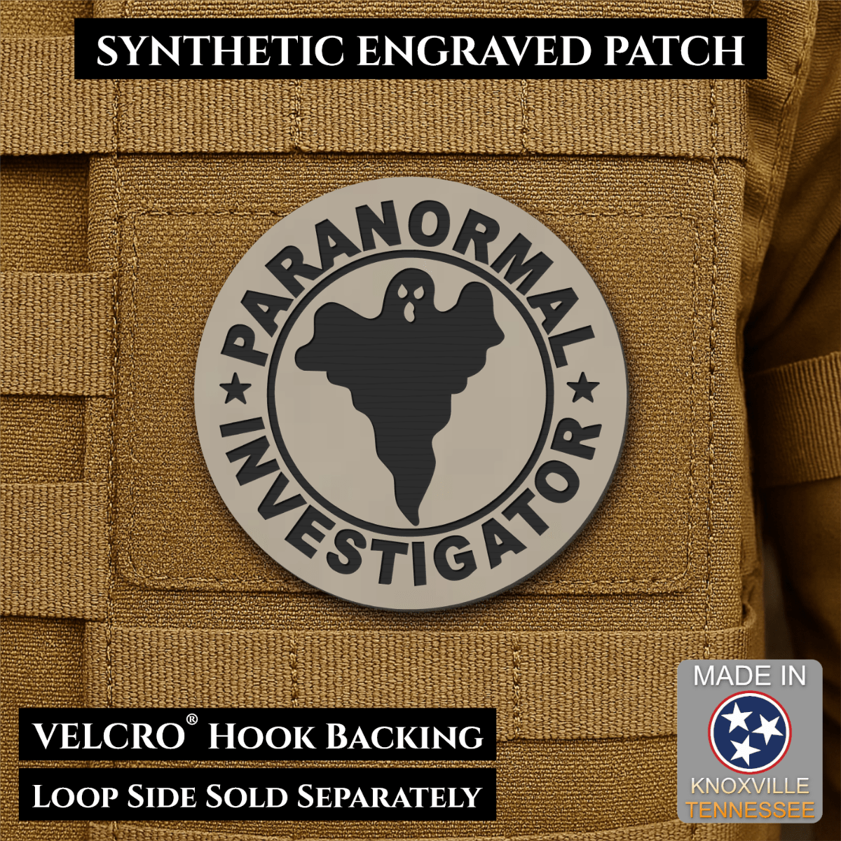 Front design and hook backing of Paranormal Investigator patch in sand (light tan)