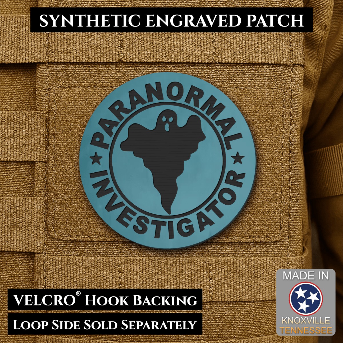 Front design and hook backing of Paranormal Investigator patch in topaz blue