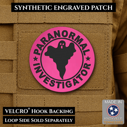Front design and hook backing of Paranormal Investigator patch in pink