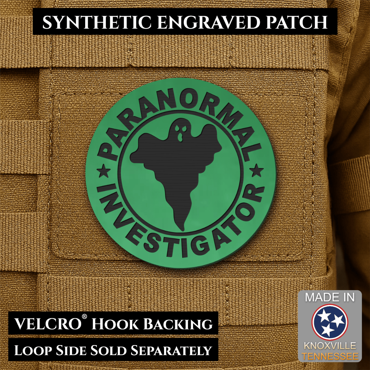 Front design and hook backing of Paranormal Investigator patch in green
