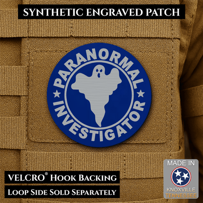 Front design and hook backing of Paranormal Investigator patch in blue / silver