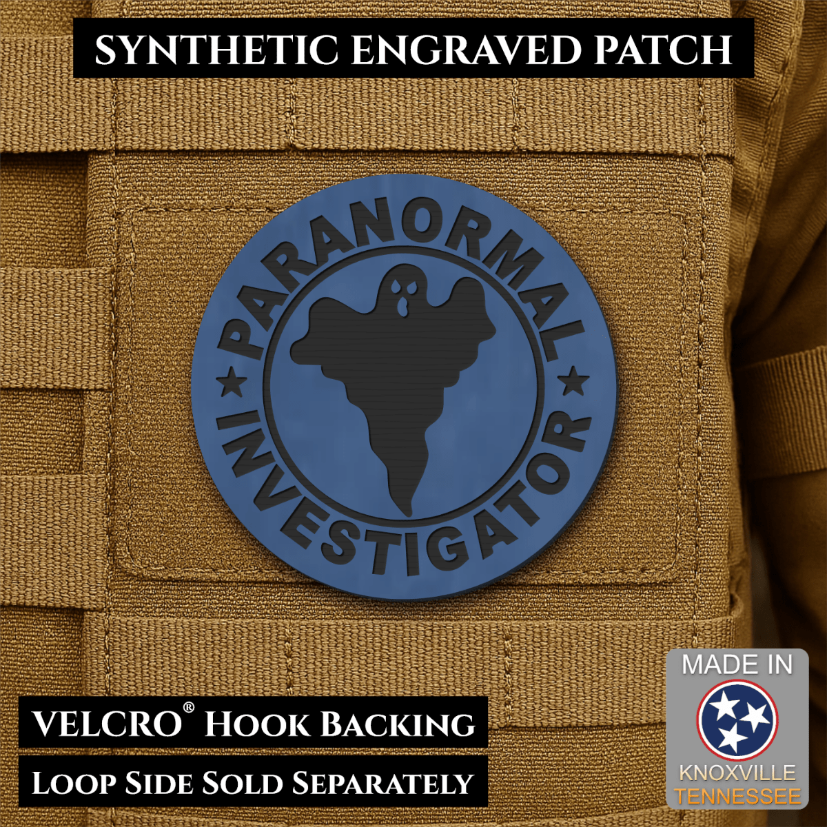 Front design and hook backing of Paranormal Investigator patch in indigo blue