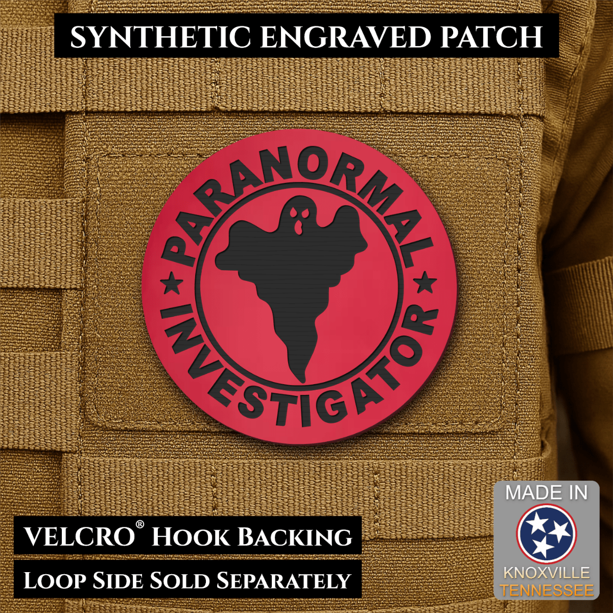 Front design and hook backing of Paranormal Investigator patch in red