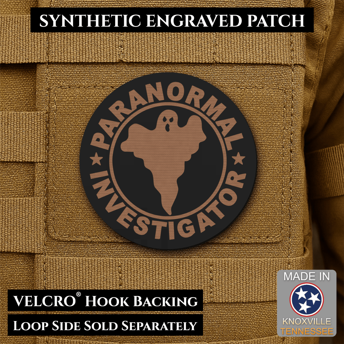 Front design and hook backing of Paranormal Investigator patch in black / copper