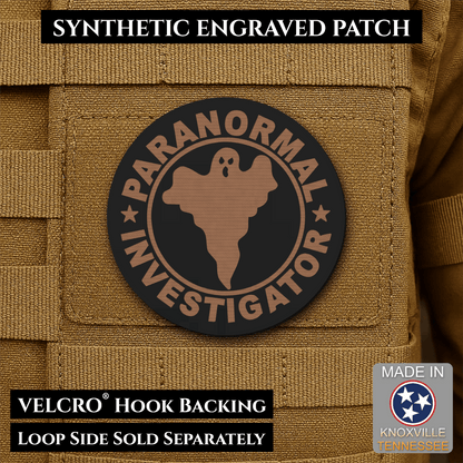 Front design and hook backing of Paranormal Investigator patch in black / copper