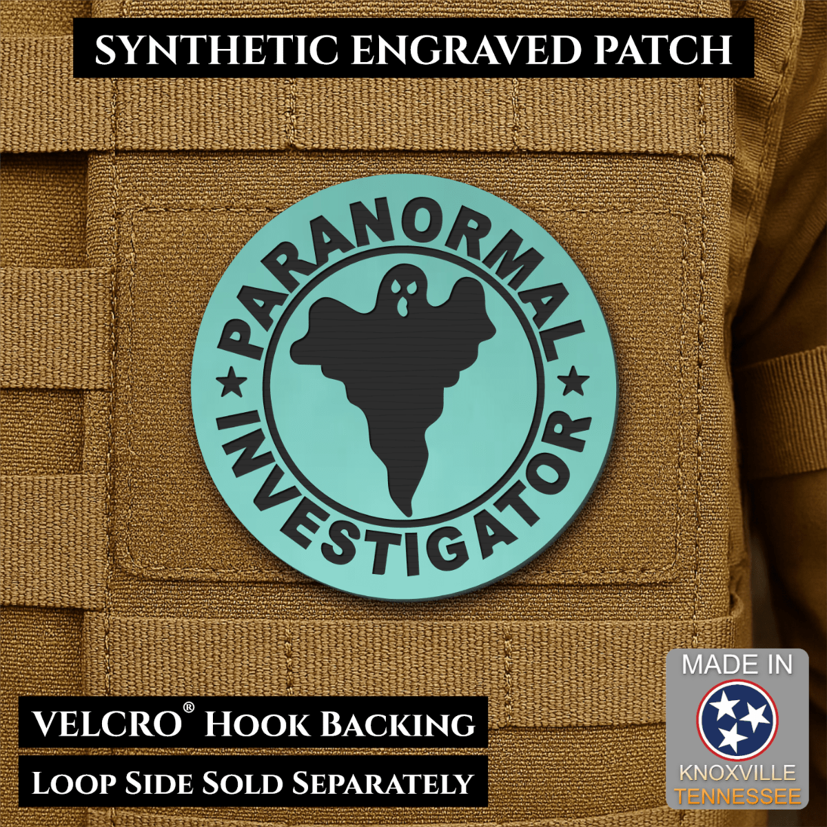 Front design and hook backing of Paranormal Investigator patch in seafoam