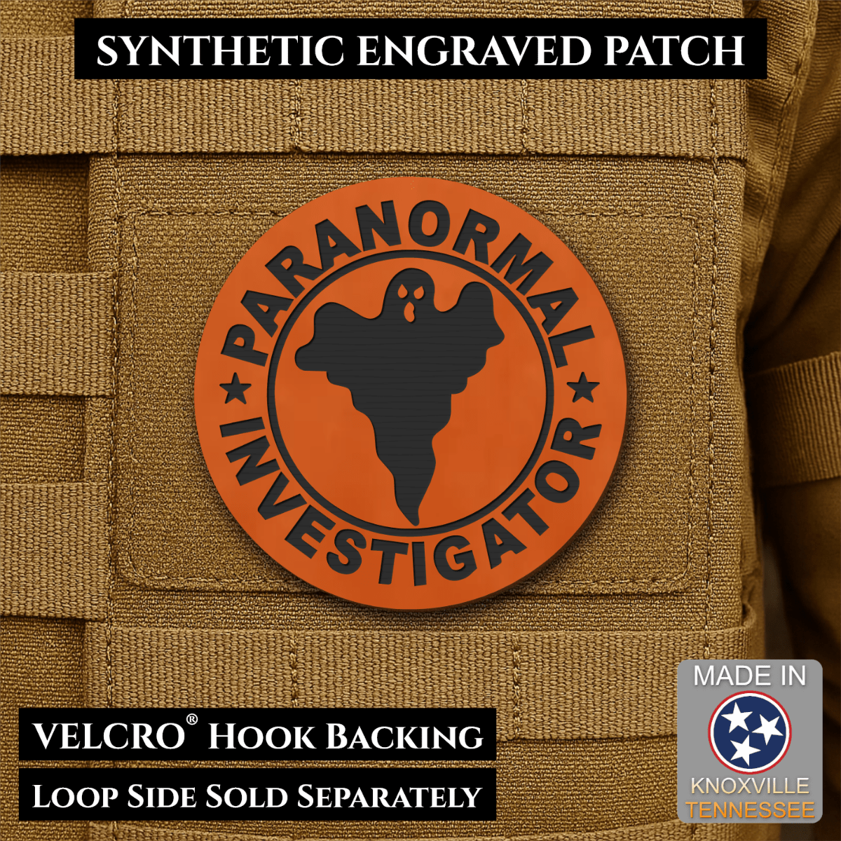 Front design and hook backing of Paranormal Investigator patch in orange