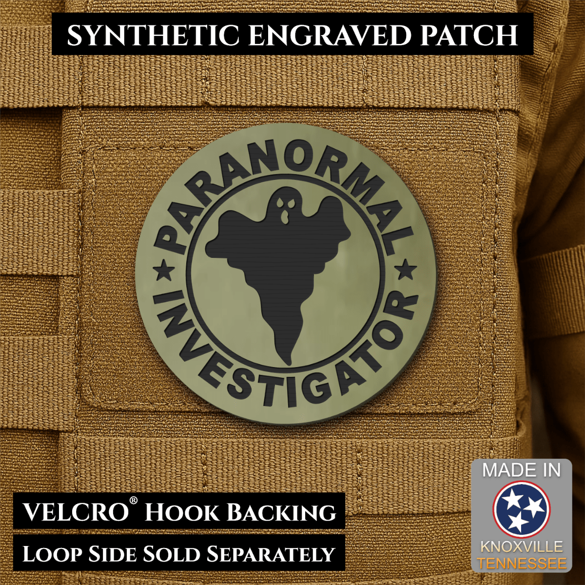 Front design and hook backing of Paranormal Investigator patch in olive green