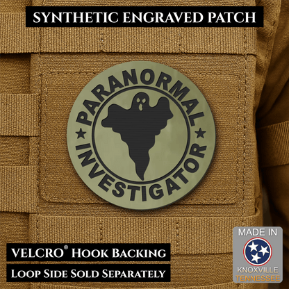 Front design and hook backing of Paranormal Investigator patch in olive green