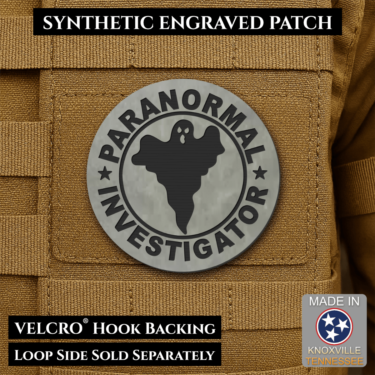 Front design and hook backing of Paranormal Investigator patch in flint gray