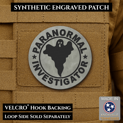 Front design and hook backing of Paranormal Investigator patch in flint gray