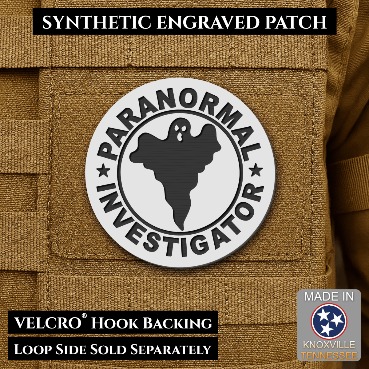 Front design and hook backing of Paranormal Investigator patch in white