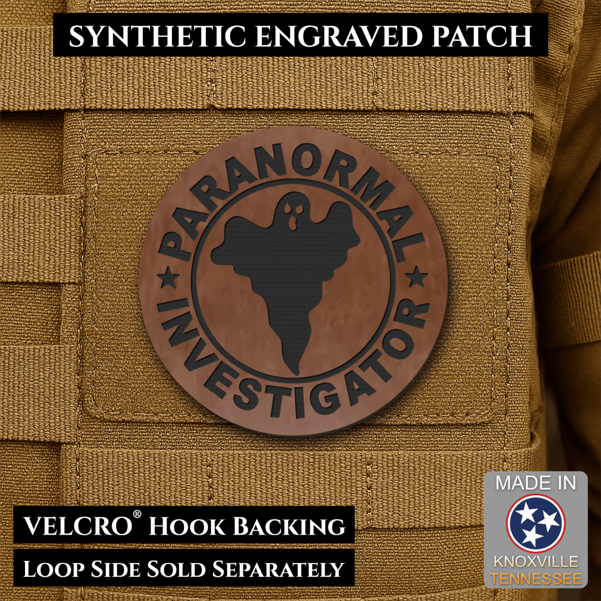 Front design and hook backing of Paranormal Investigator patch in walnut faux leather