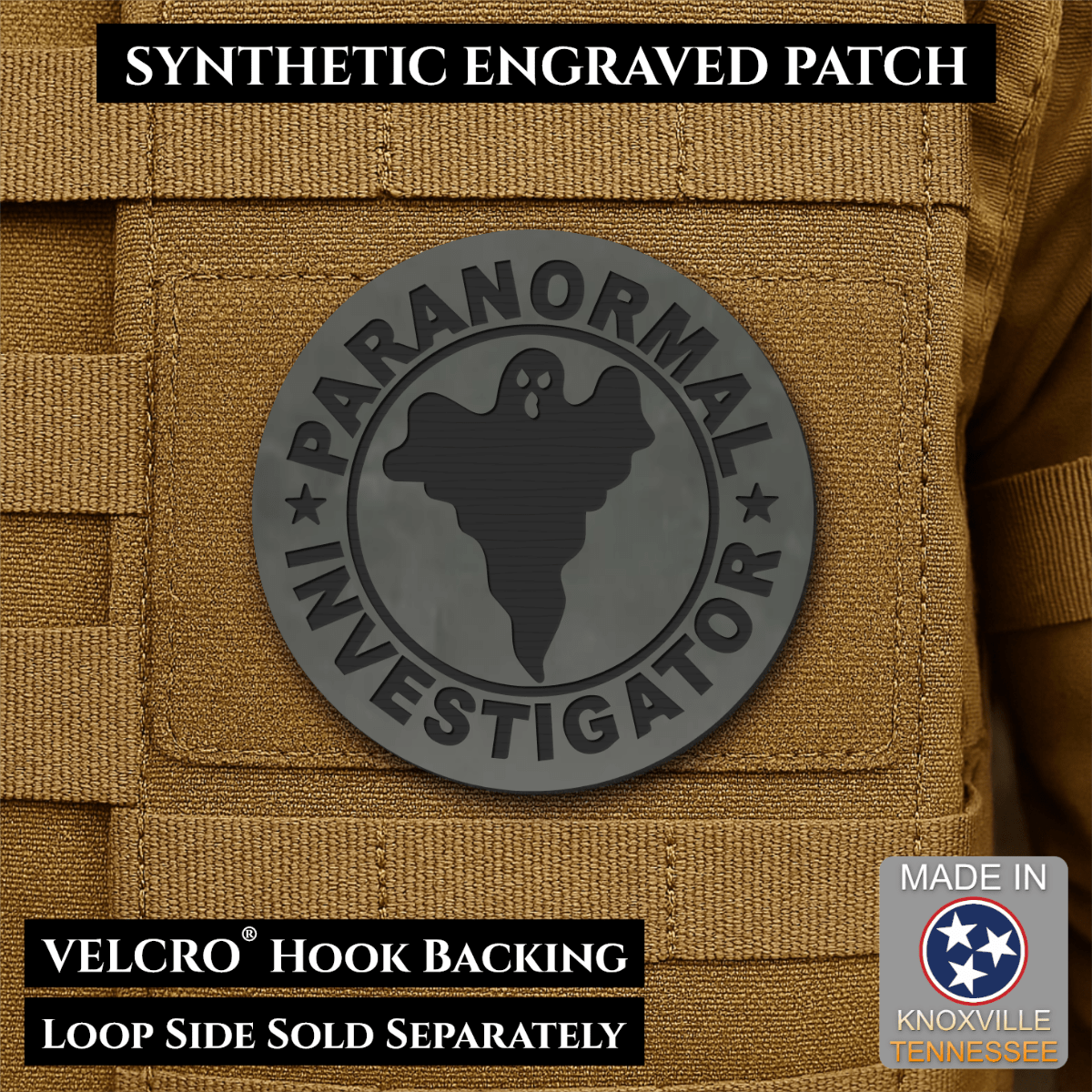 Front design and hook backing of Paranormal Investigator patch in charcoal gray