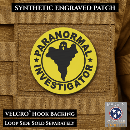 Front design and hook backing of Paranormal Investigator patch in yellow