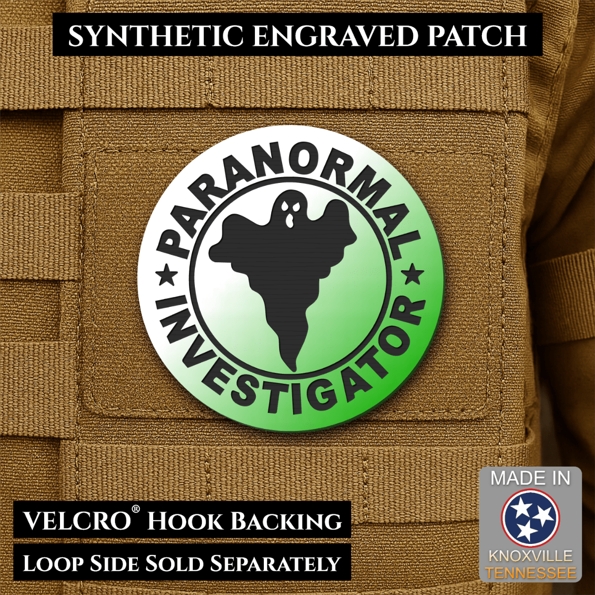Front design and hook backing of Paranormal Investigator patch in white (glow in the dark green)