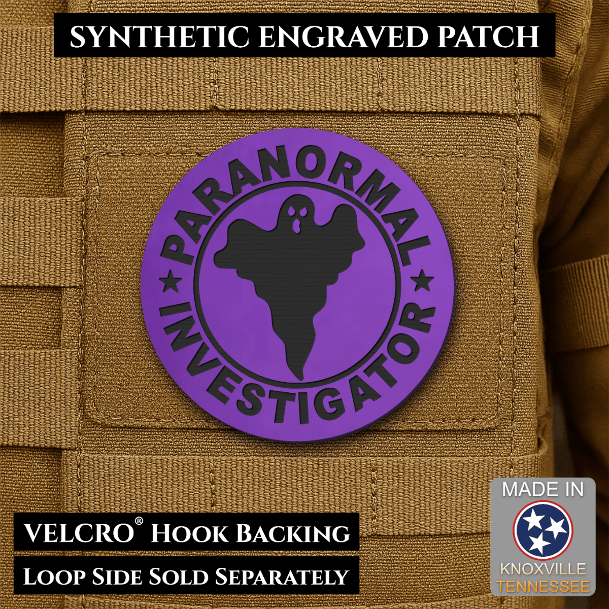 Front design and hook backing of Paranormal Investigator patch in purple