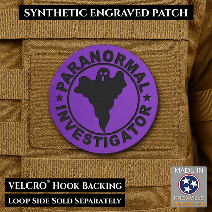 Front design and hook backing of Paranormal Investigator patch in purple