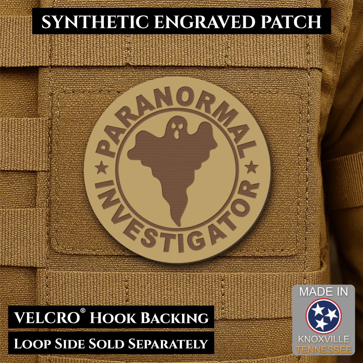 Front design and hook backing of Paranormal Investigator patch in desert tan