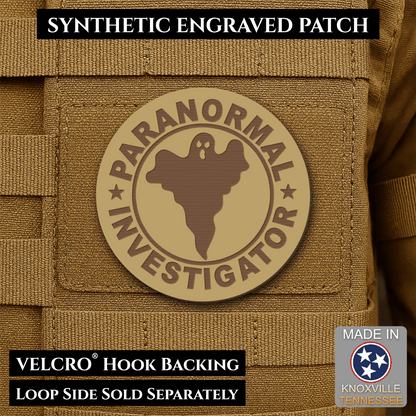 Front design and hook backing of Paranormal Investigator patch in desert tan