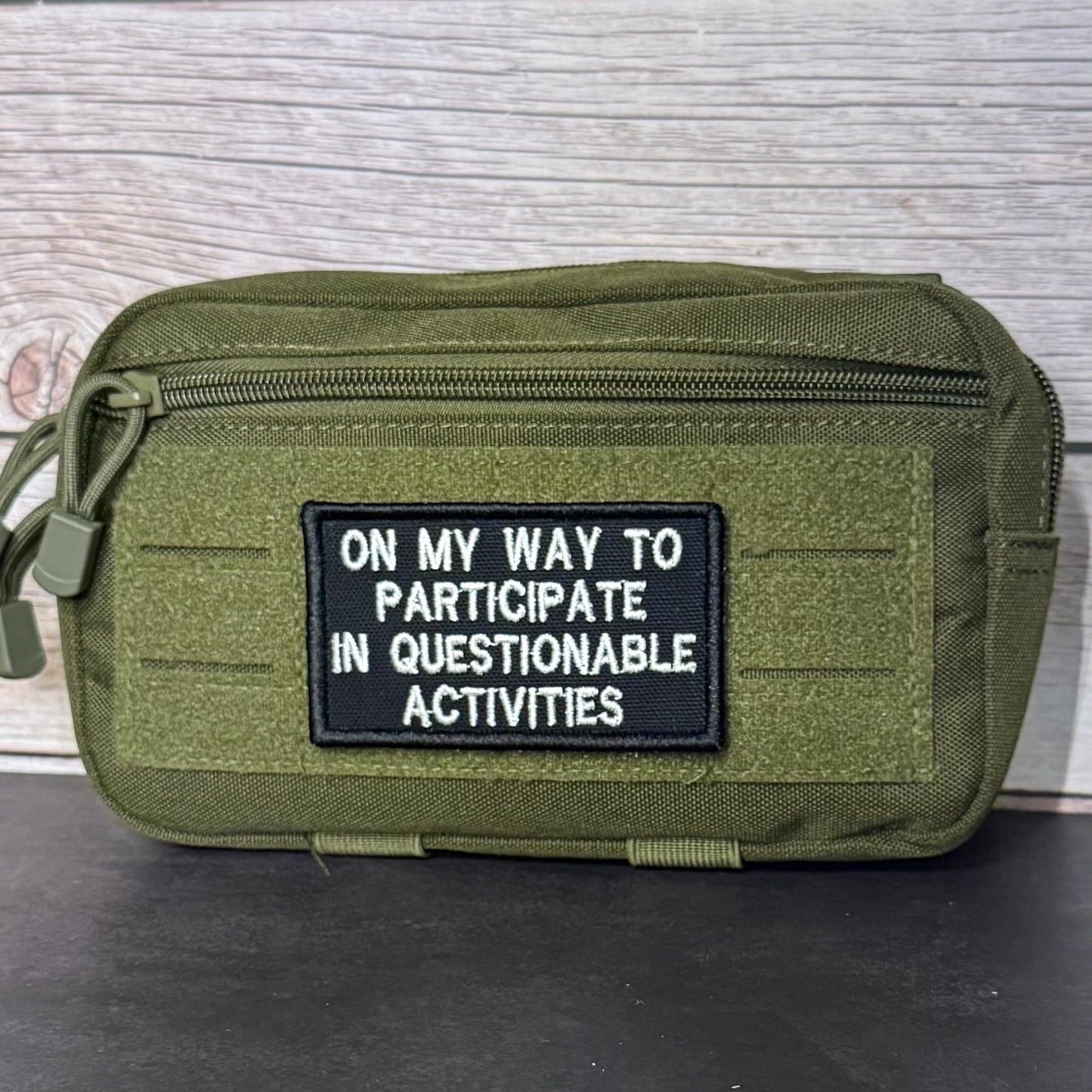 Participate In Questionable Activities Funny Morale Patch, 2x3.5 | Made in USA | VELCRO® Brand Hook Backing - LoneStar Adhesive