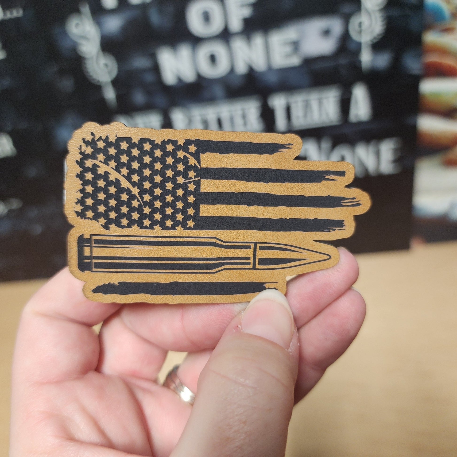 Patriotic Bullet and Flag (Saddle Tan) Engraved Leatherette Hat Patch - MR01 - LoneStar Adhesive