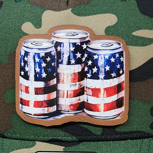 Patriotic Canned Beverage Art UV Printed Leatherette Hat Patch - MR01 - LoneStar Adhesive