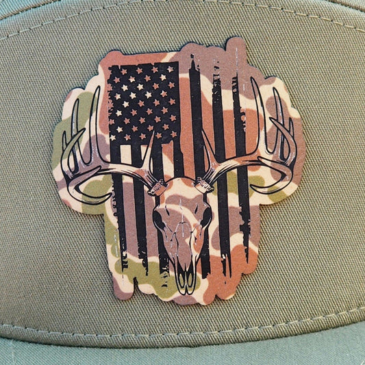 Patriotic Deer Skull (Fowl Play) Engraved Leatherette Hat Patch - MR01 - LoneStar Adhesive