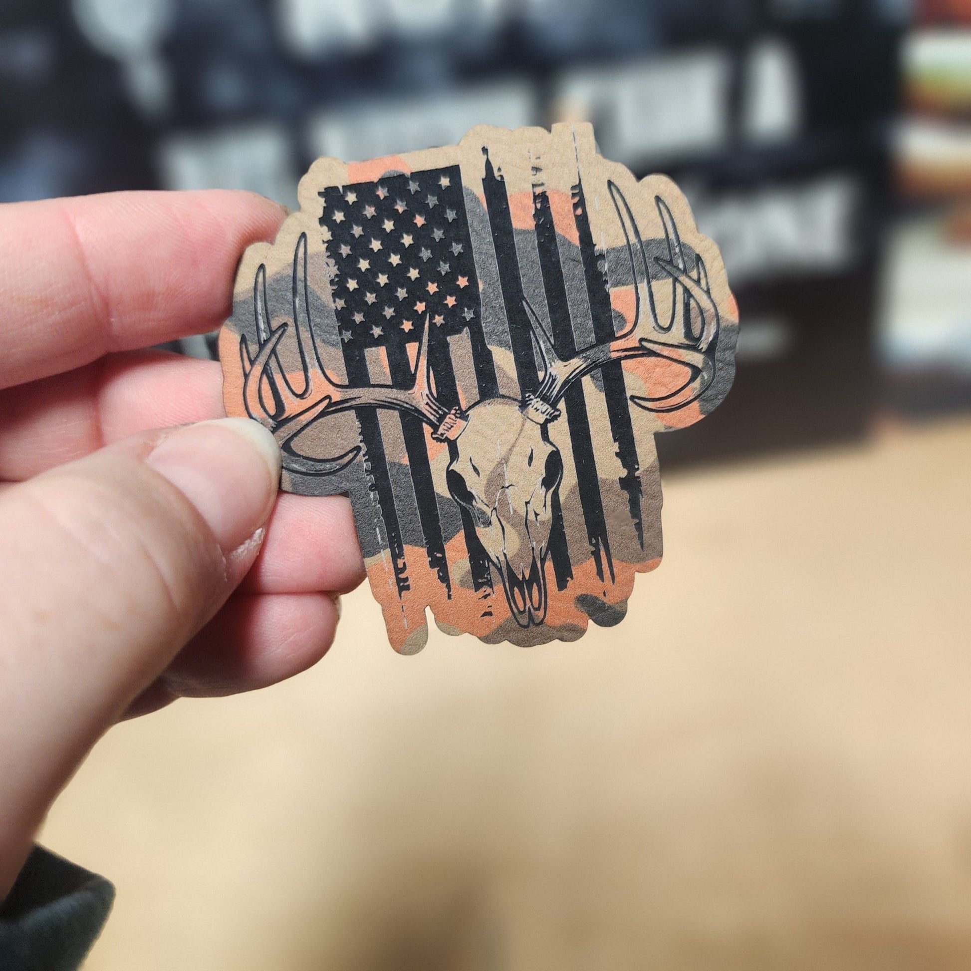 Patriotic Deer Skull (Orange Camo) Engraved Leatherette Hat Patch - MR01 - LoneStar Adhesive